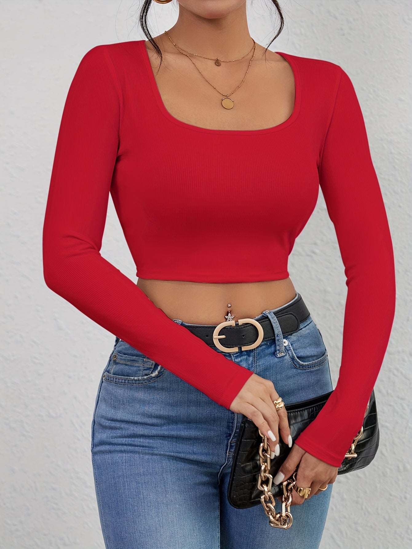 Squared Neck Cropped T-shirt, Casual Long Sleeve Solid T-shirt, Women's Clothing